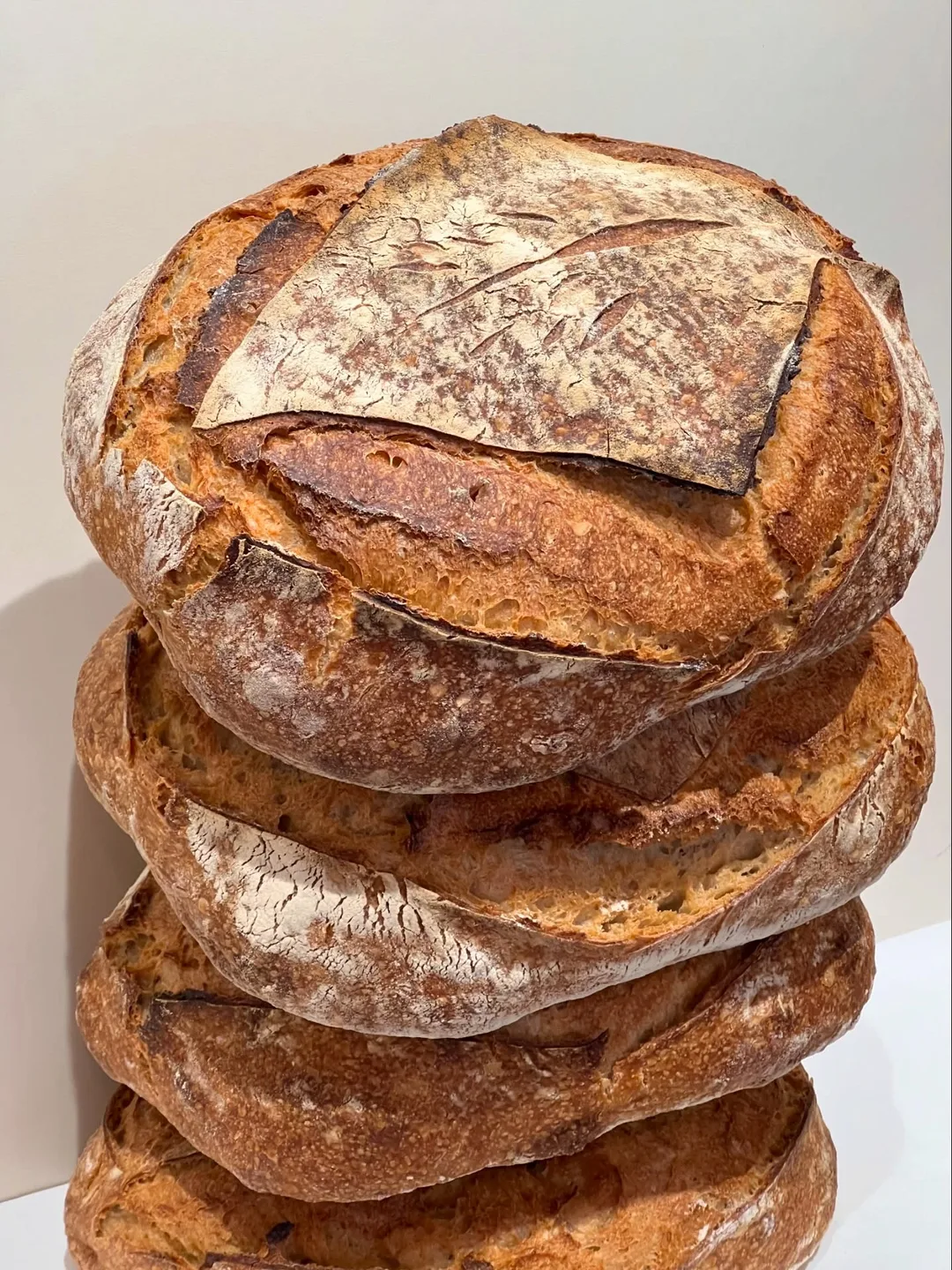 A stack of freshly baked loaves in the shop